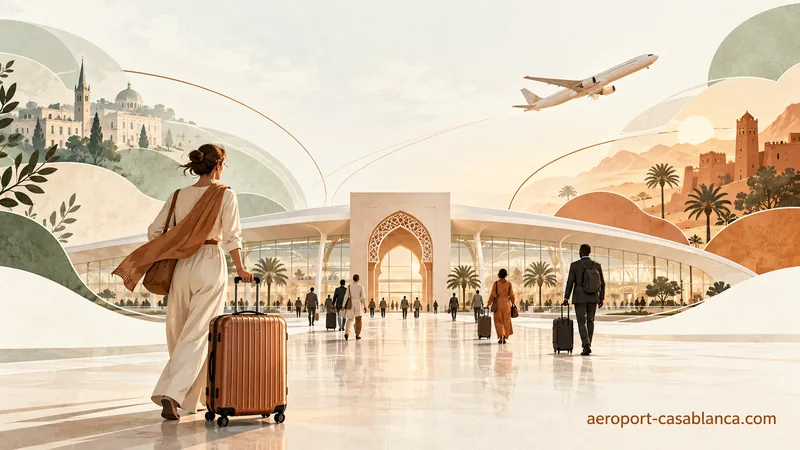 Voyageurs, terminal imaginaire et avion entre des décors évoquant l’Europe et le Maroc.