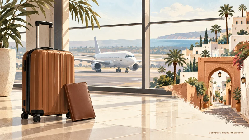 Valises, avion et bâtiments d’inspiration marocaine illustrés.