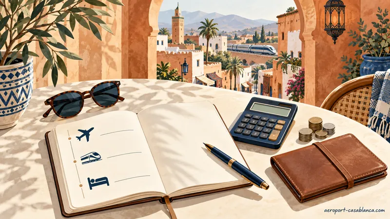 Carnet d’itinéraire, calculatrice et pièces illustrés près d’une arche.